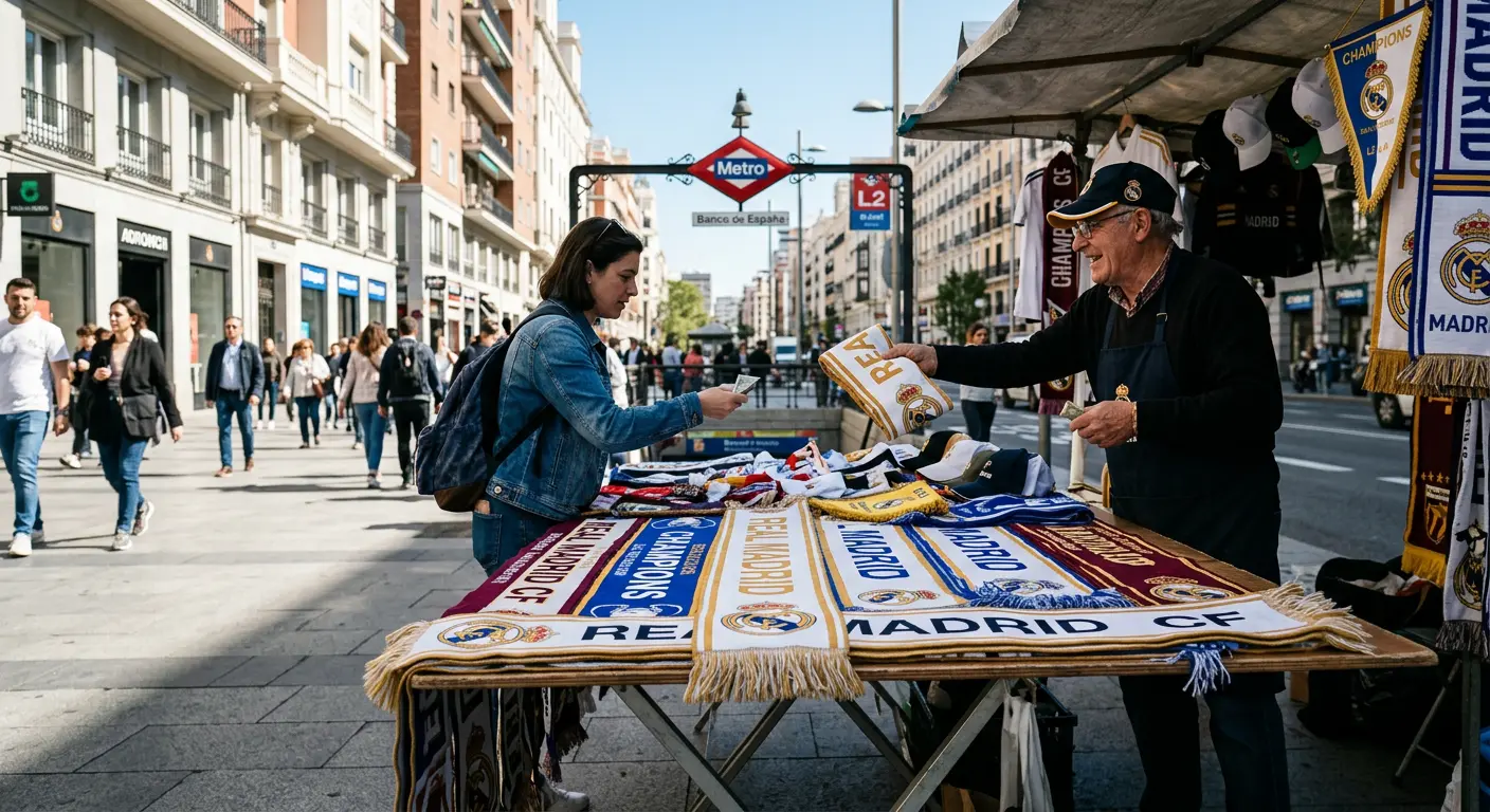 Street vendor selling Real Madrid scarves near Santiago Bernabéu Stadium, Madrid