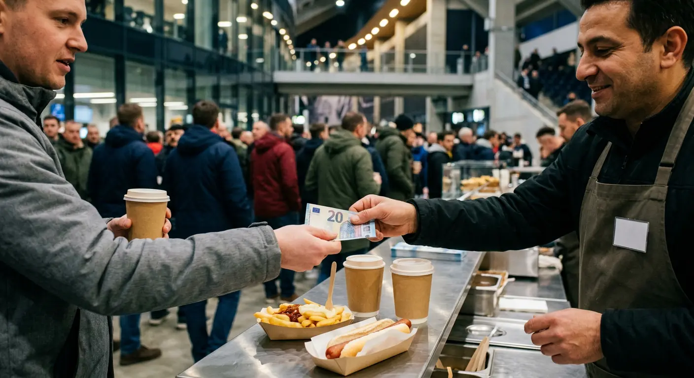 A fan buying food and drink at a Camp Nou concession stand on matchday