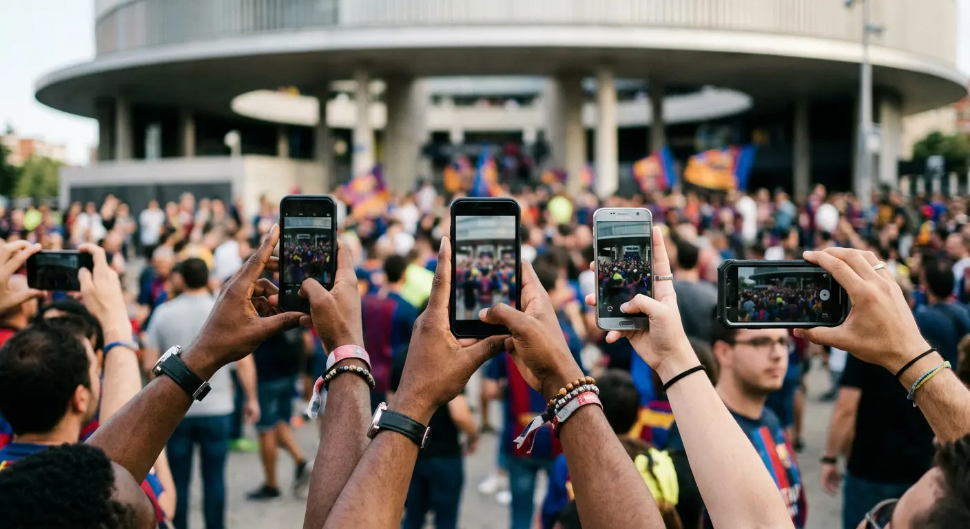 Fans photographing the entrance plaza at Camp Nou with their phones
