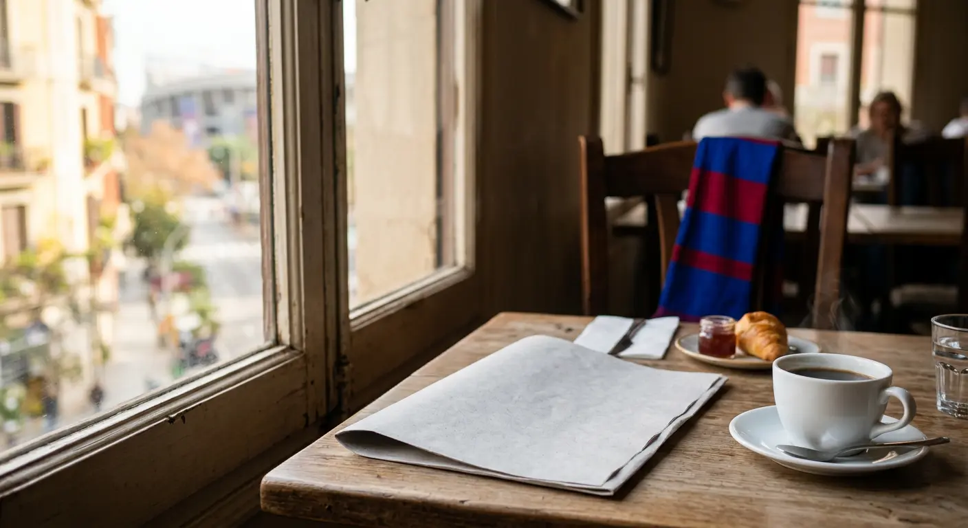 A matchday breakfast table at a Barcelona hotel with a football scarf draped over a chair