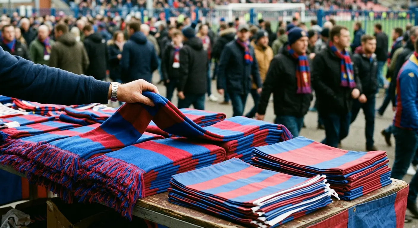 A fan browsing scarves and flags at a merchandise stall outside Camp Nou on matchday