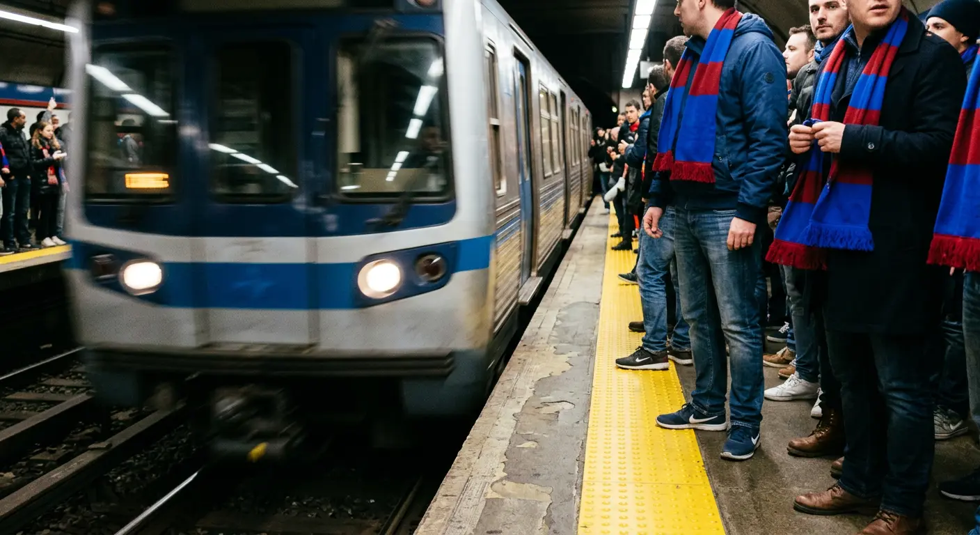 Fans waiting on a metro platform on the way to a Camp Nou match