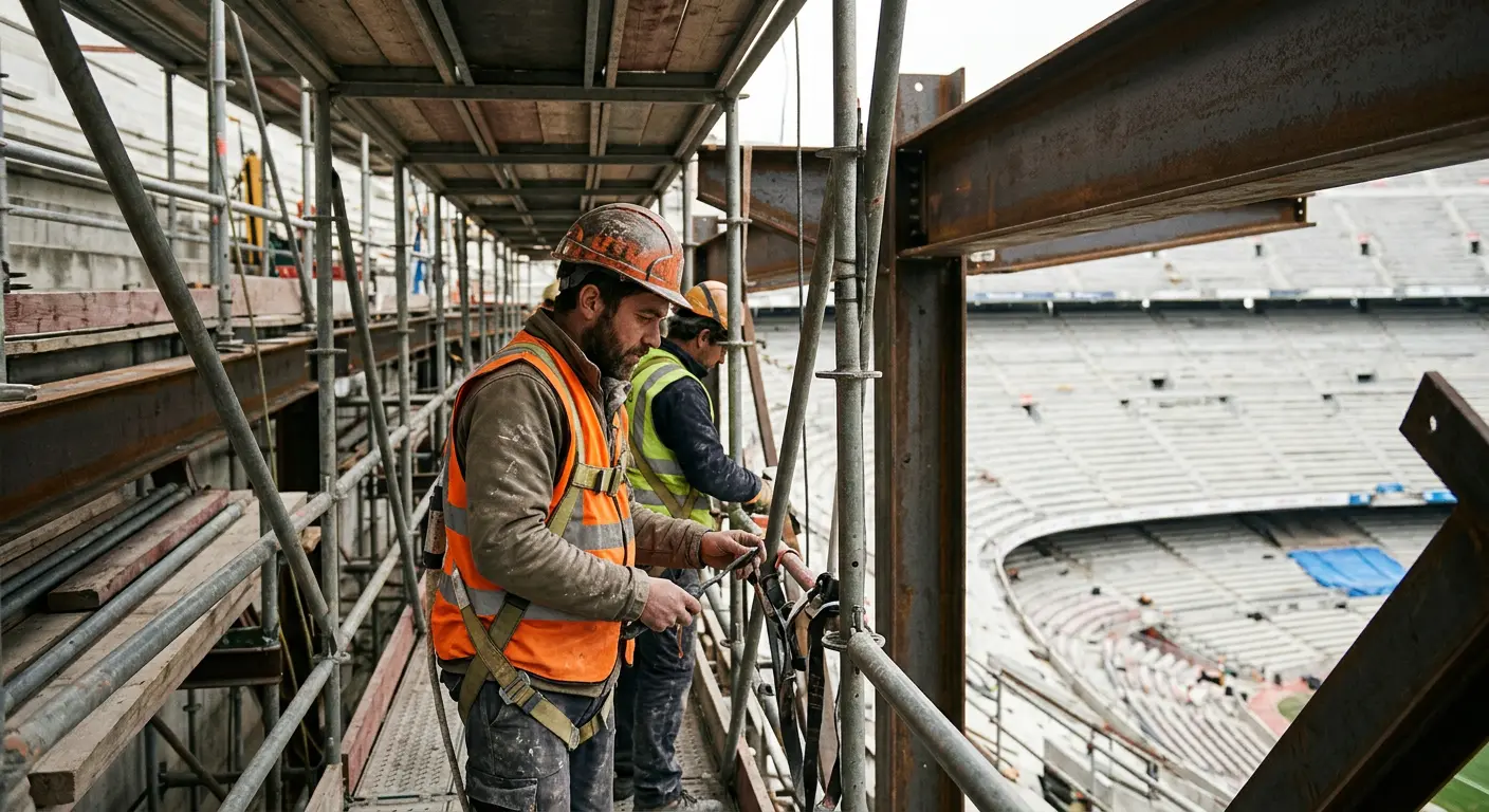 Construction workers on a scaffold platform overlooking Camp Nou's seating bowl during the ongoing rebuild