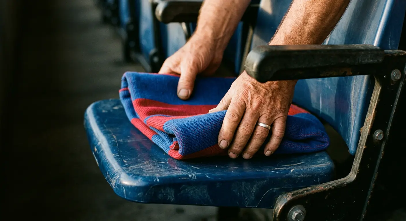 A folded blue and red seat cushion placed on a stadium seat at Camp Nou