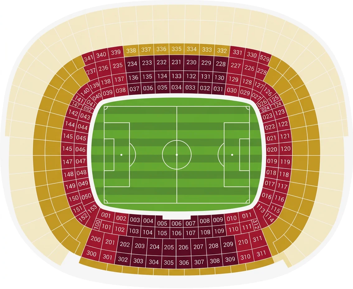 Generic seating zone diagram of Camp Nou, showing the Tribuna, Lateral, Gol Nord and Gol Sud stands