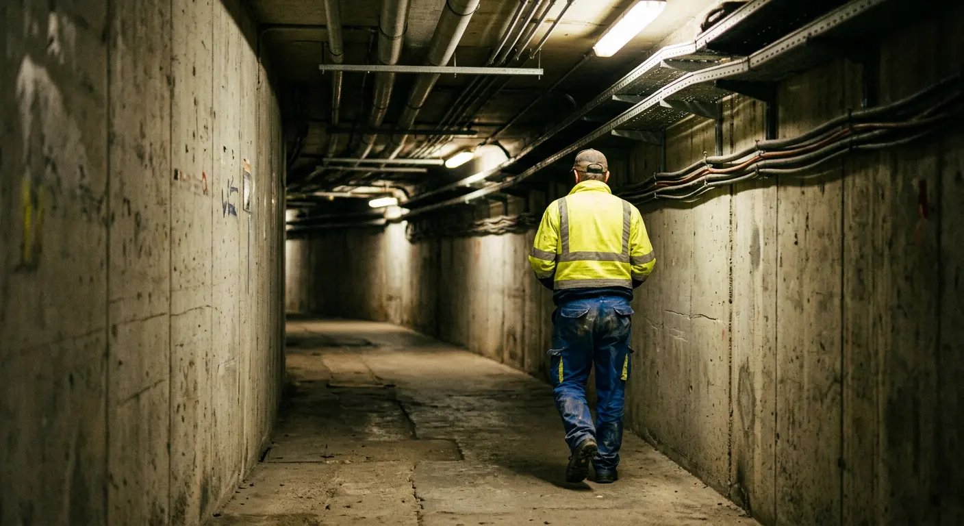 A service tunnel corridor beneath Camp Nou's stands