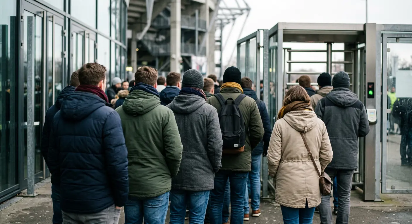 Fans queuing at a turnstile entrance gate on their way into Camp Nou