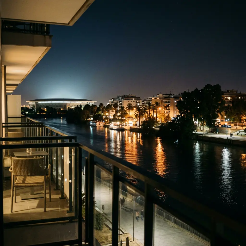 Seville skyline near La Cartuja Stadium at night
