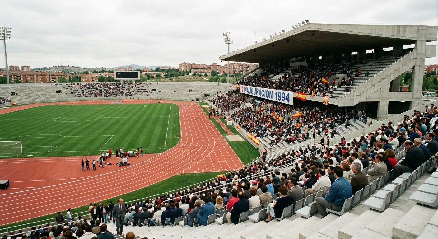 Archival-style photograph of the Estadio Olímpico de Madrid's 1994 opening, before its conversion into Cívitas Metropolitano