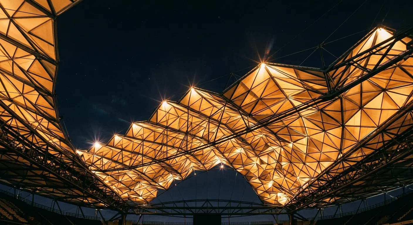 Civitas Metropolitano Stadium's wave-shaped PTFE roof, known as 'the crown', illuminated at night