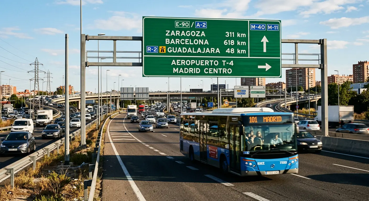 Spanish highway road sign near Madrid showing distances to Barcelona and other cities