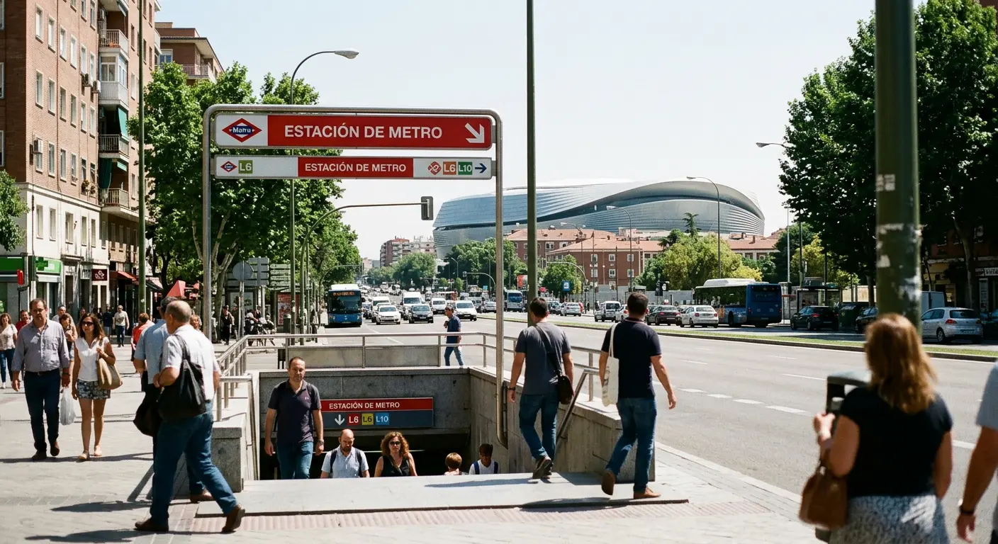 Madrid Metro station entrance near Civitas Metropolitano Stadium, served by Lines 7 and 9