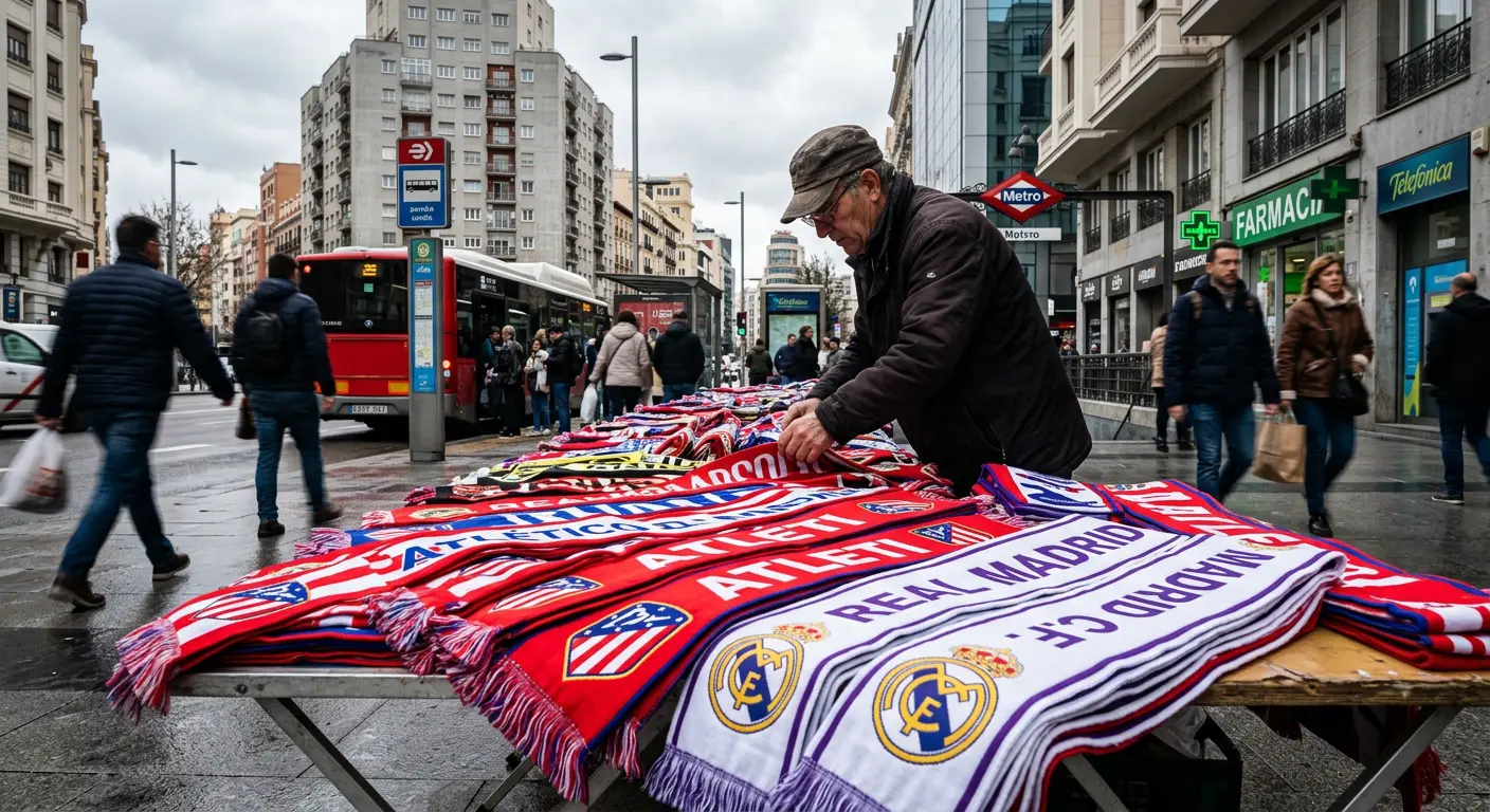 Street vendor selling Atlético Madrid scarves near Civitas Metropolitano Stadium, Madrid