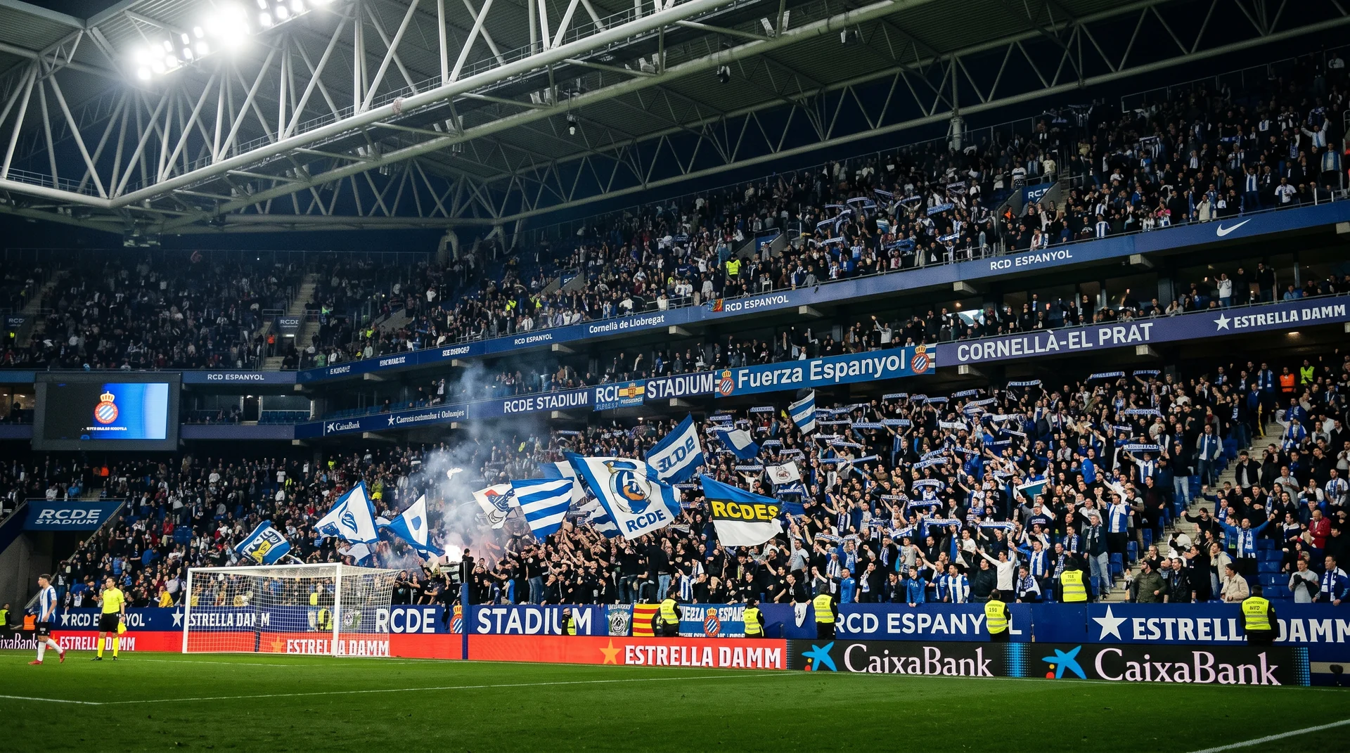 RCDE Stadium matchday atmosphere, RCD Espanyol's steep stands close to the pitch