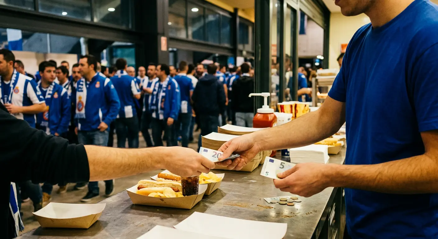 A fan buying food and drink at an RCDE Stadium concession stand on matchday