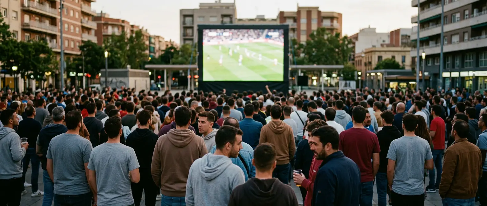 Fans watching a match on a big outdoor screen near RCDE Stadium