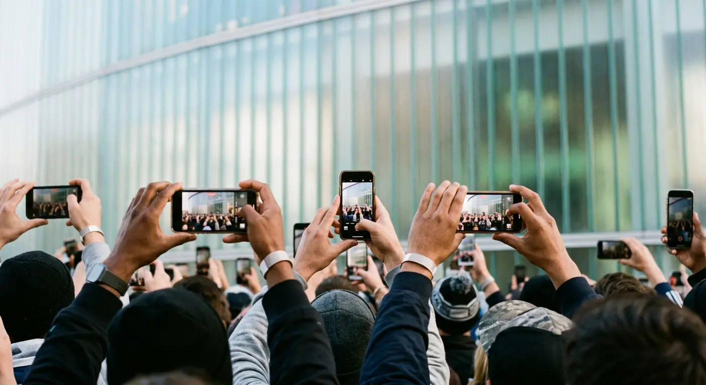 Fans photographing the entrance plaza at RCDE Stadium with their phones