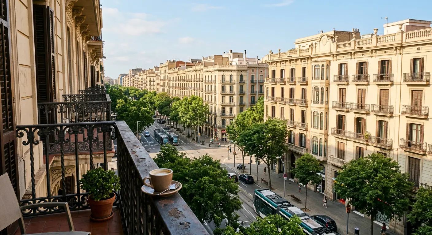A hotel balcony view over a Barcelona Eixample street, wrought-iron balconies and tree-lined boulevard