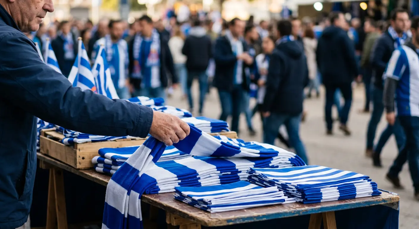 A fan browsing scarves and flags at a merchandise stall outside RCDE Stadium on matchday
