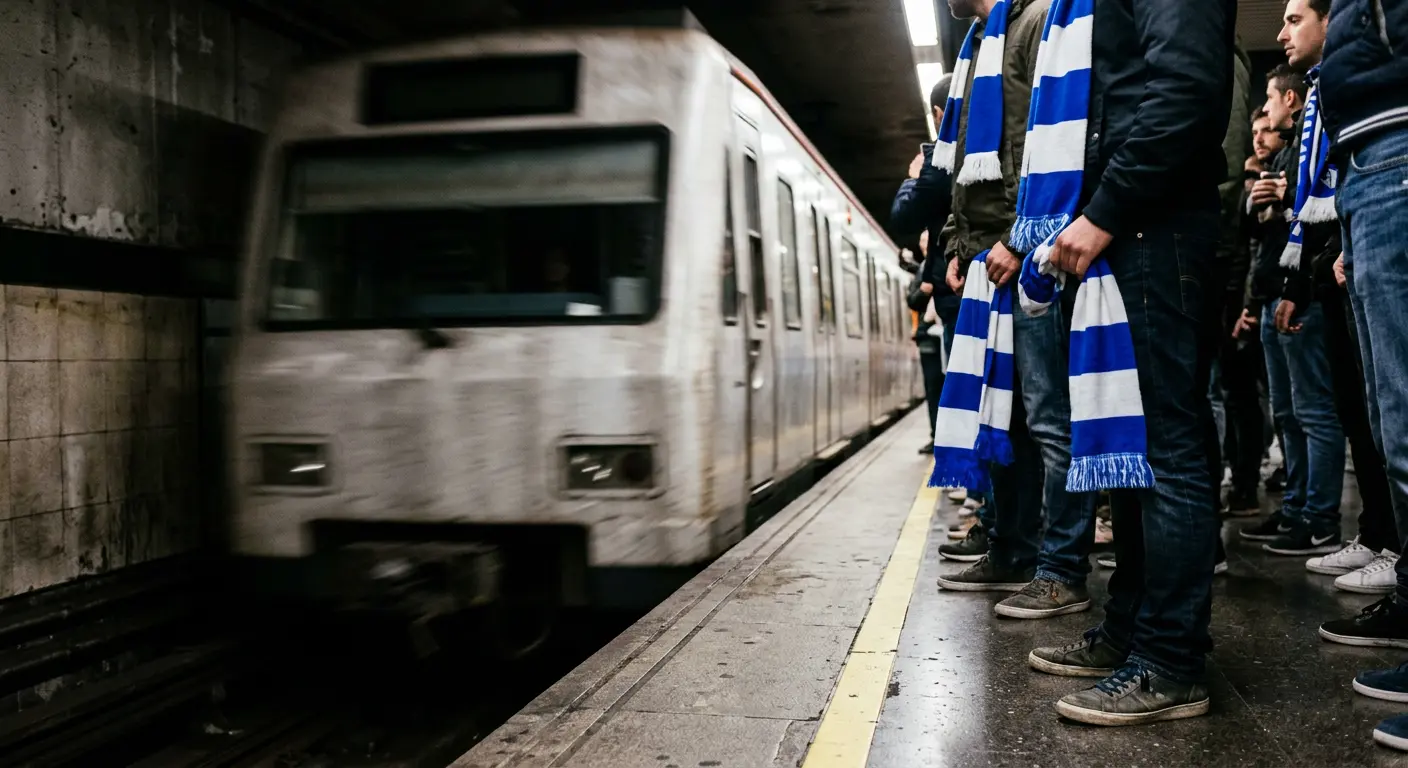 Fans waiting on a metro platform on the way to RCDE Stadium