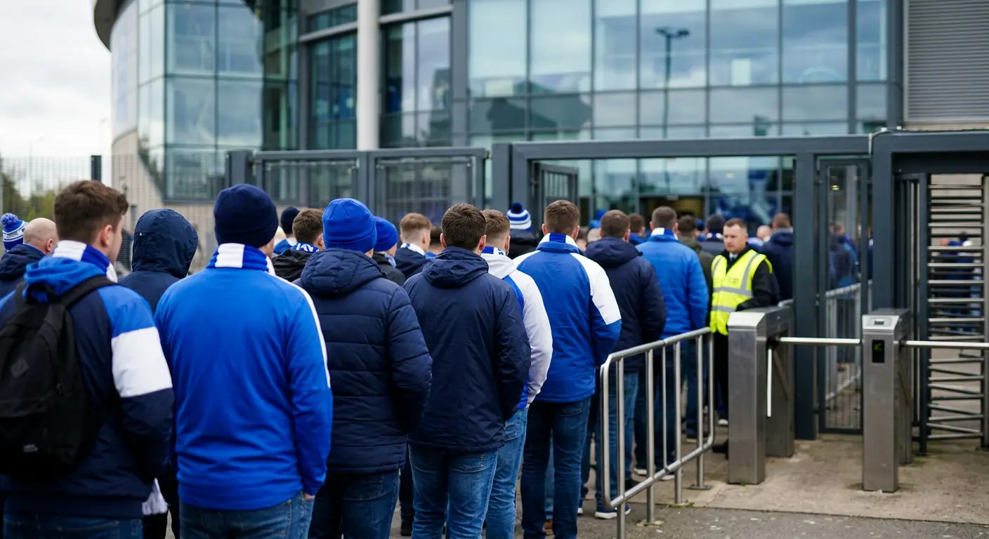 Fans queuing at a turnstile entrance gate at RCDE Stadium
