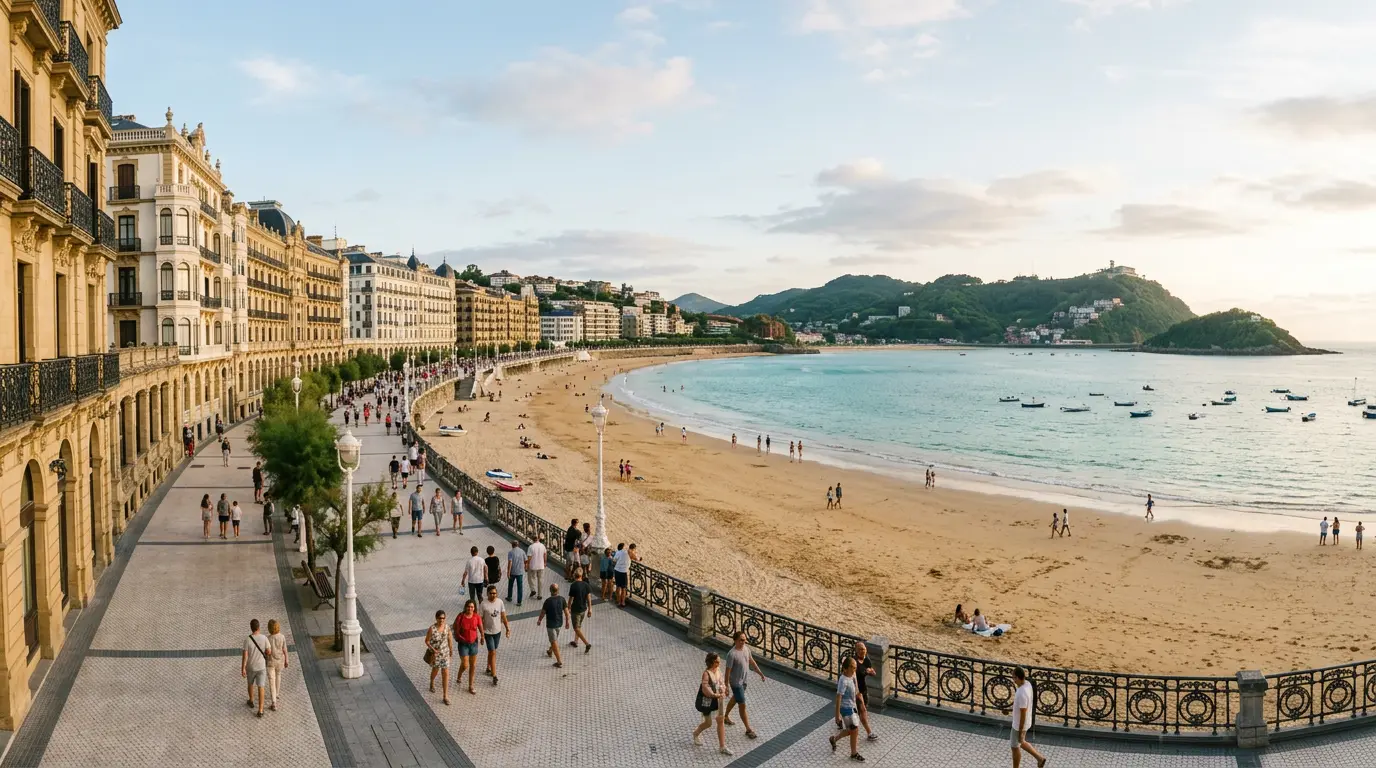 La Concha beachfront promenade lined with Belle Époque hotels in San Sebastián