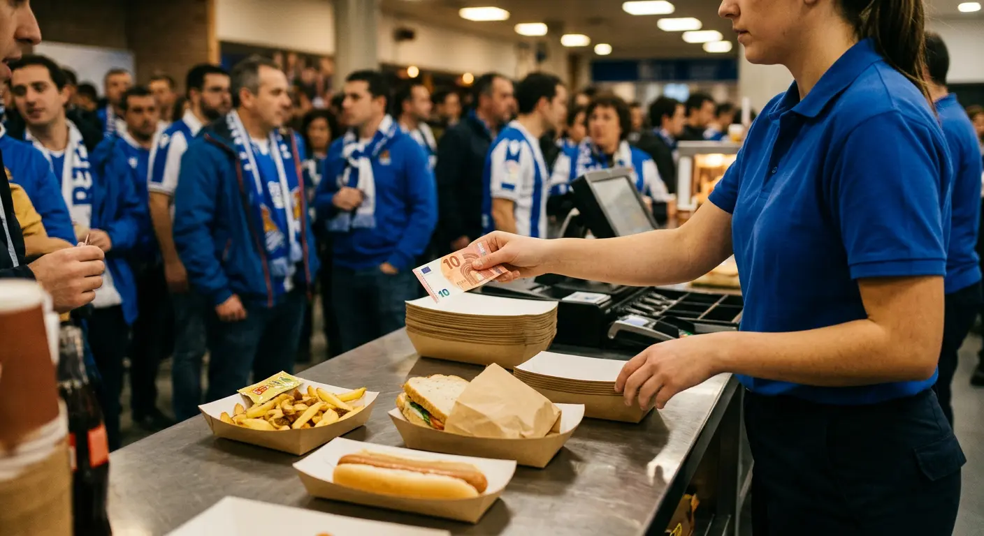 A fan buying food and drink at a Reale Arena concession stand on matchday