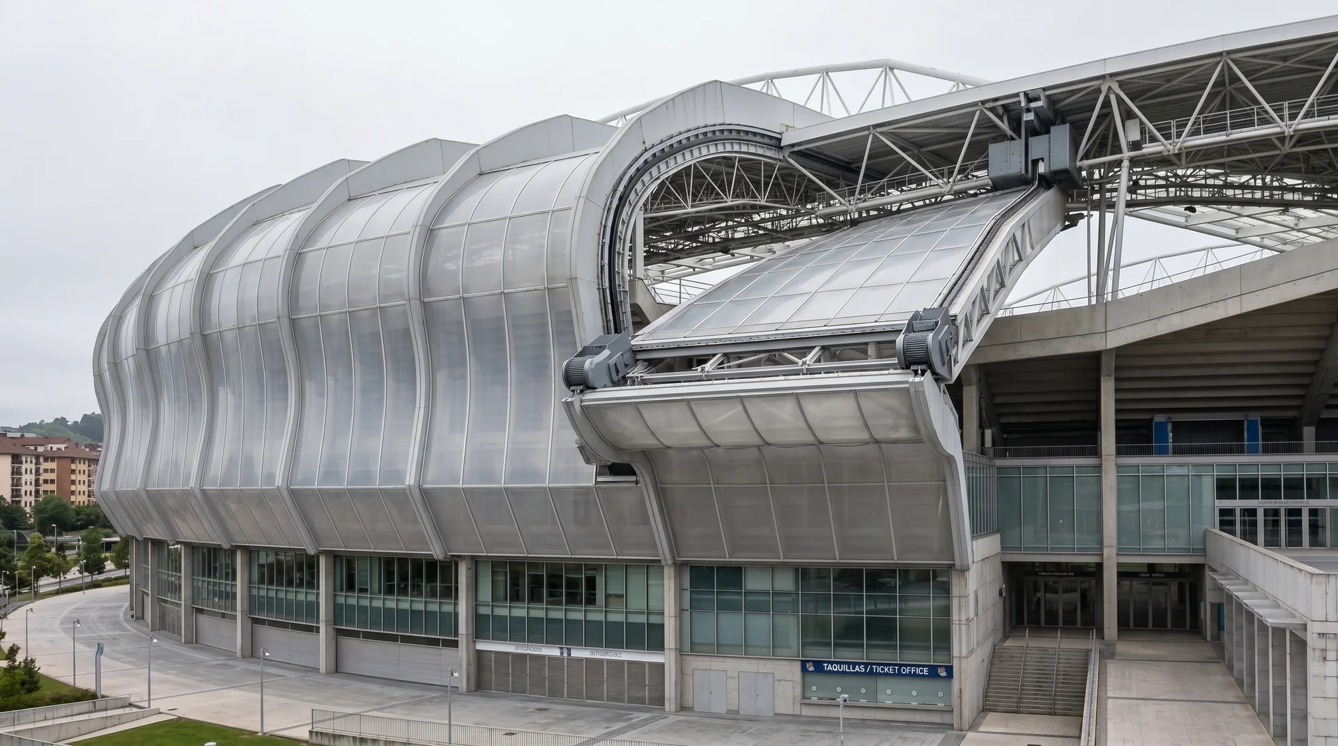 Reale Arena facade detail, San Sebastian, blue translucent cladding