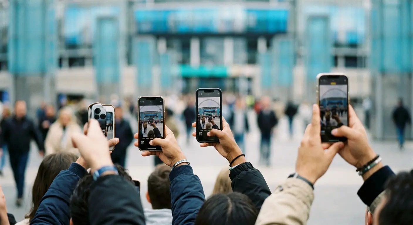 Fans photographing the entrance plaza at Reale Arena with their phones