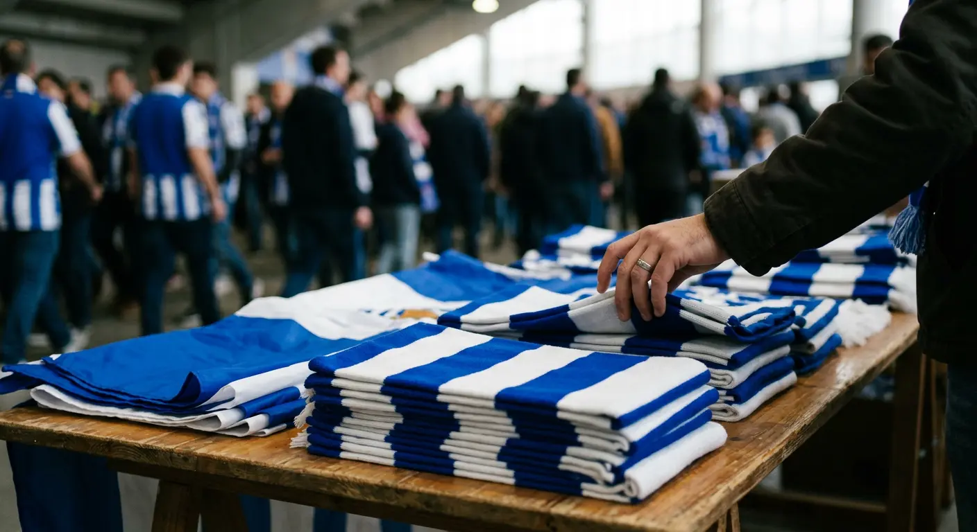 A fan browsing scarves and flags at a merchandise stall outside Reale Arena on matchday
