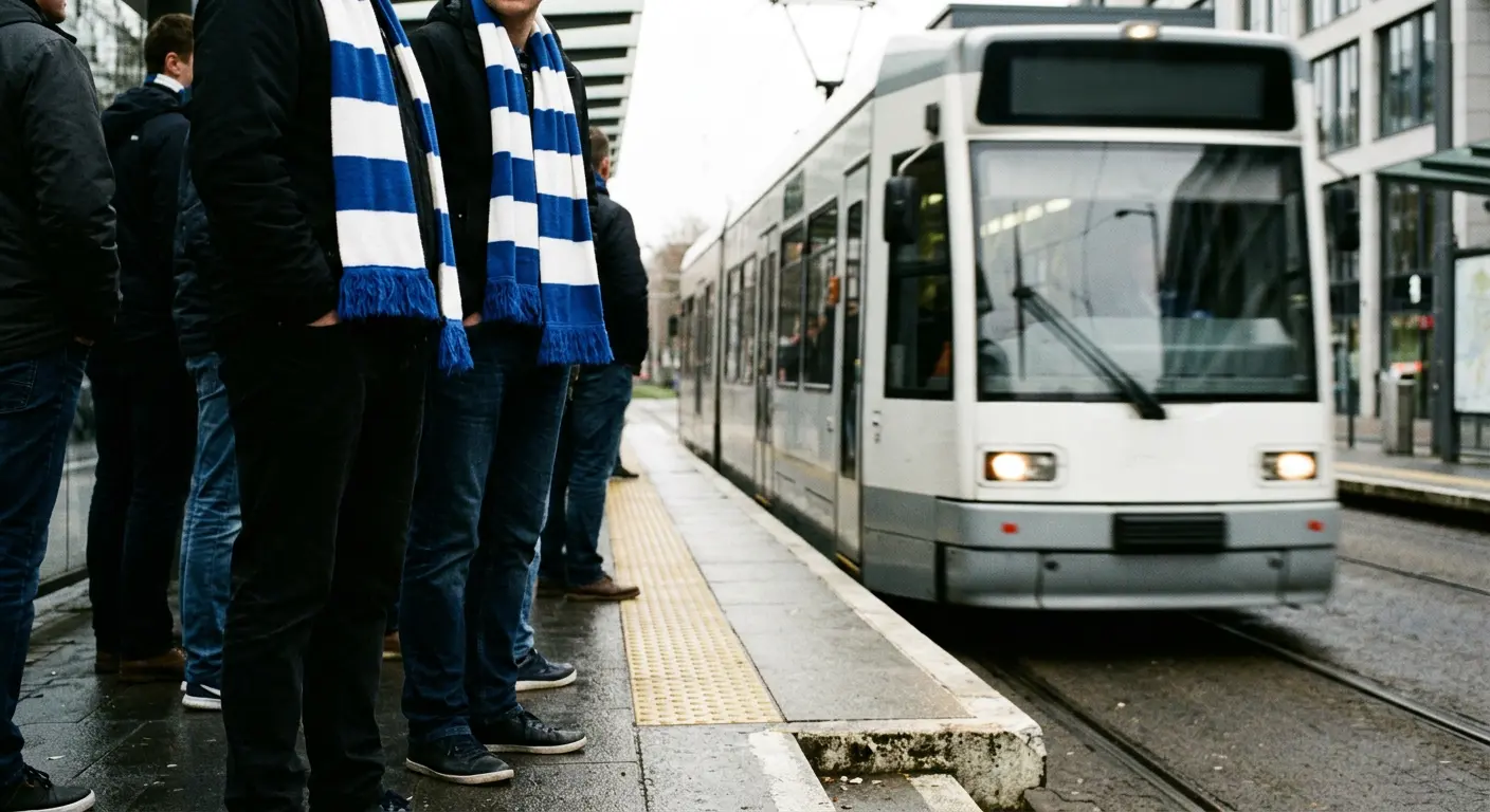 Fans waiting on a tram platform on the way to Reale Arena
