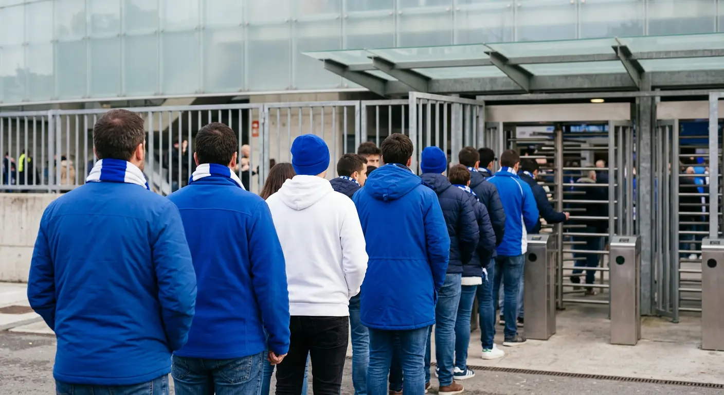 Fans queuing at a turnstile entrance gate at Reale Arena