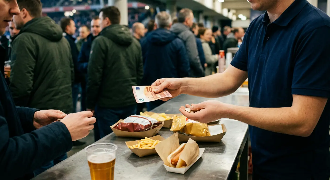 A fan buying food and drink at a San Mamés concession stand on matchday