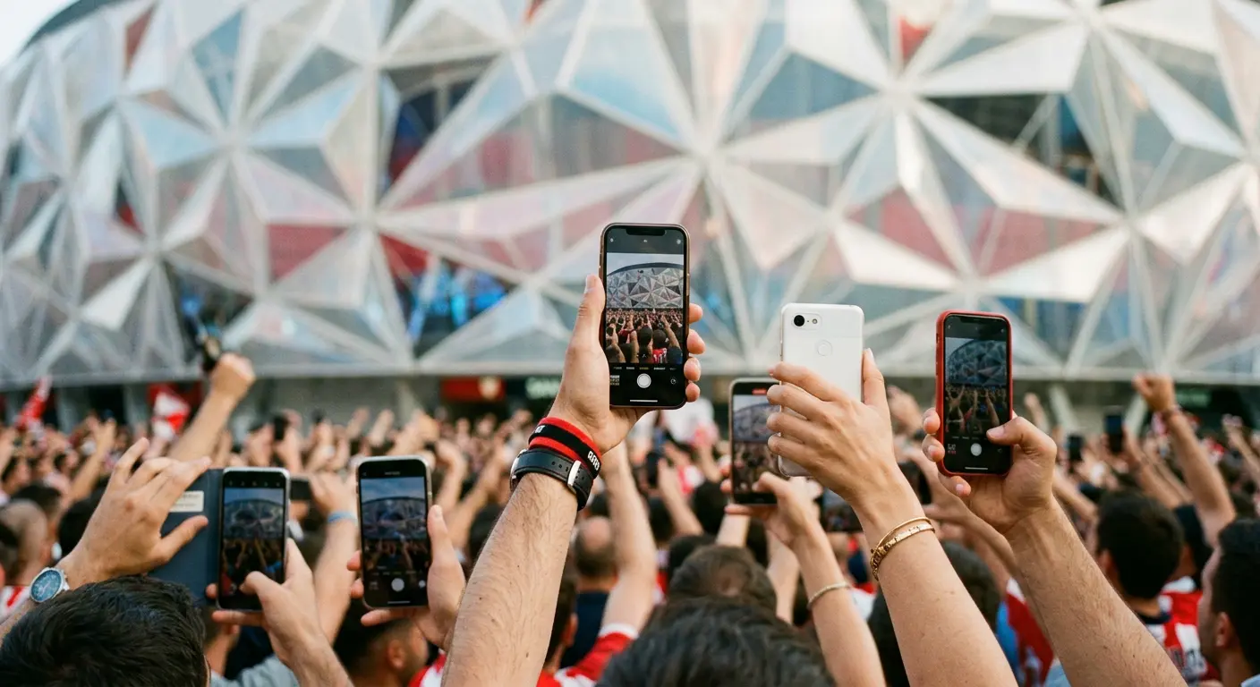 Fans photographing the entrance plaza at San Mamés with their phones