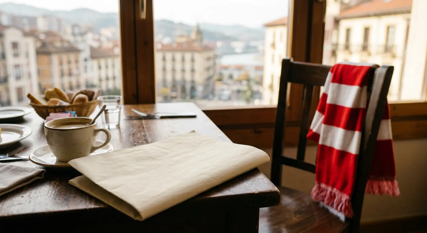 A matchday breakfast table at a Bilbao hotel with a football scarf draped over a chair
