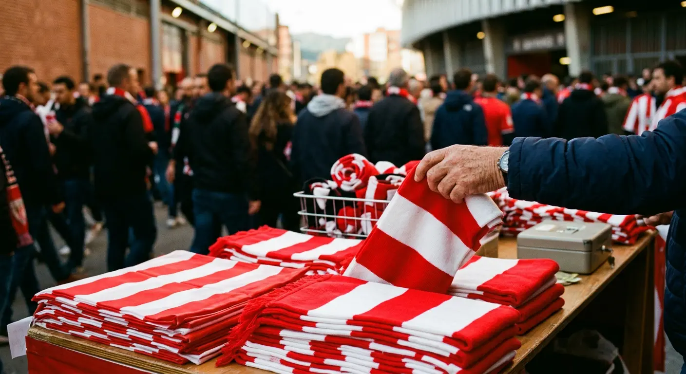 A fan browsing scarves and flags at a merchandise stall outside San Mamés on matchday