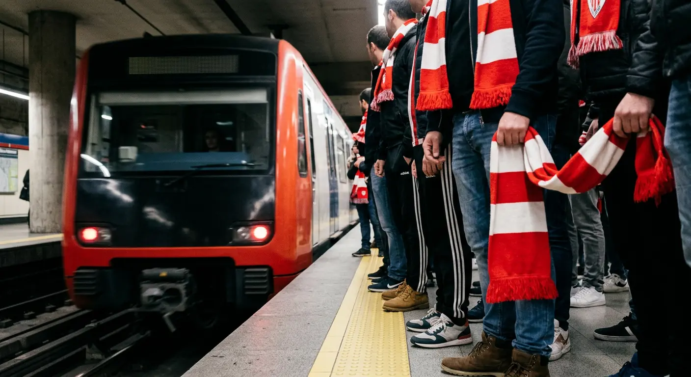 Fans waiting on a metro platform on the way to San Mamés