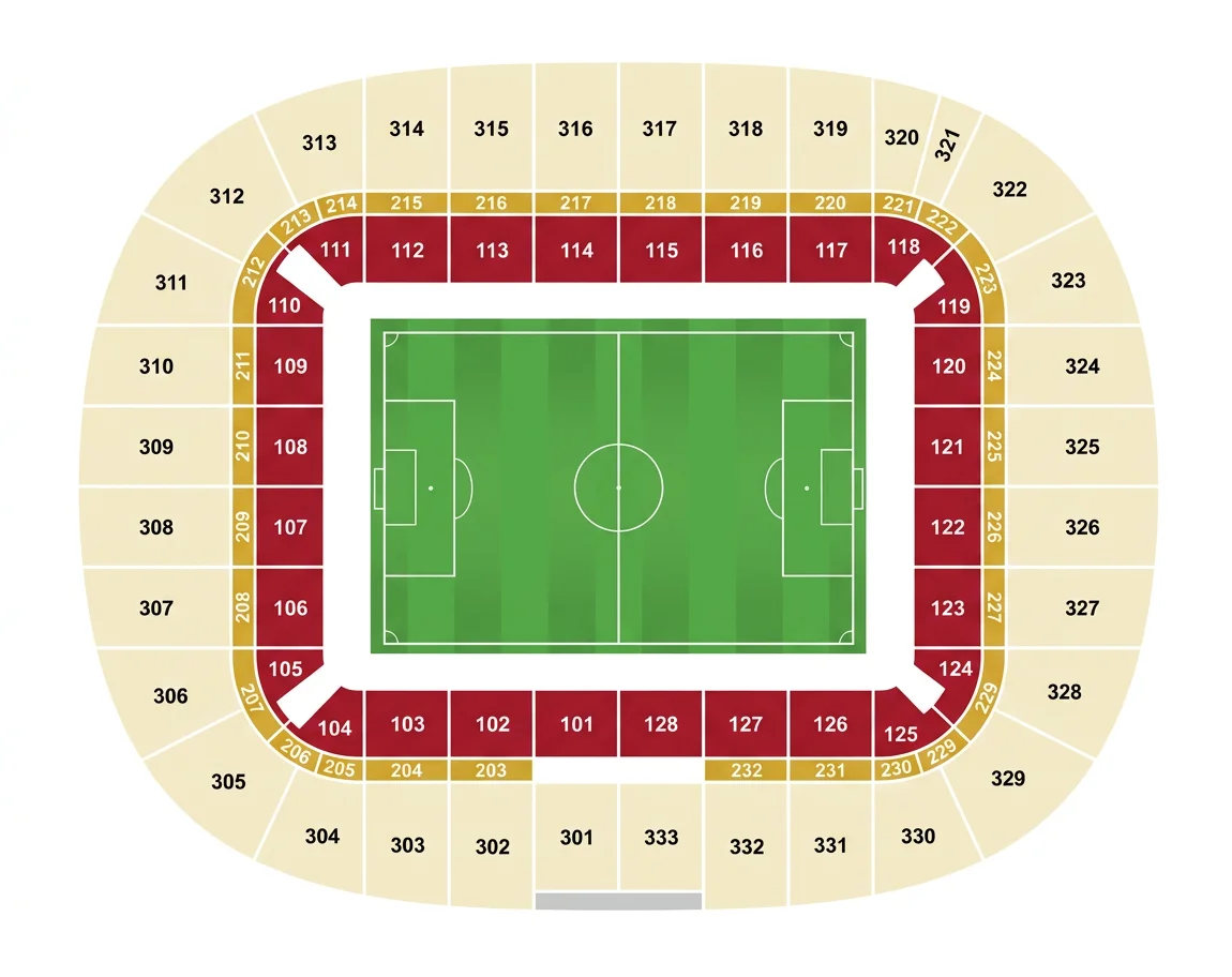 Generic seating zone diagram of San Mamés, showing the main stands, north singing section and the two end zones