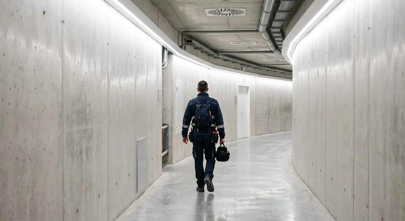 A bright, clean service tunnel corridor beneath San Mamés's stands