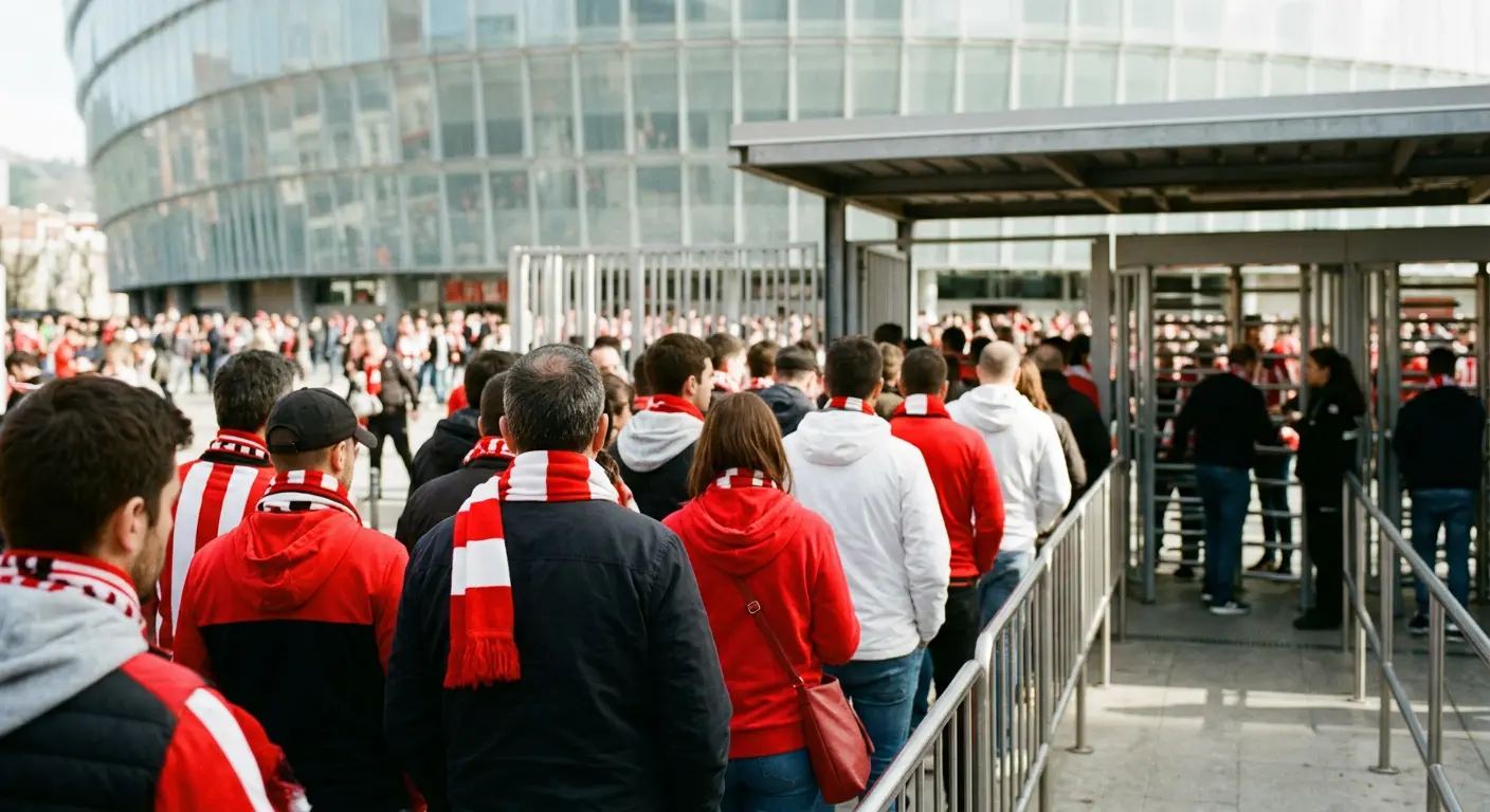 Fans queuing at a turnstile entrance gate at San Mamés